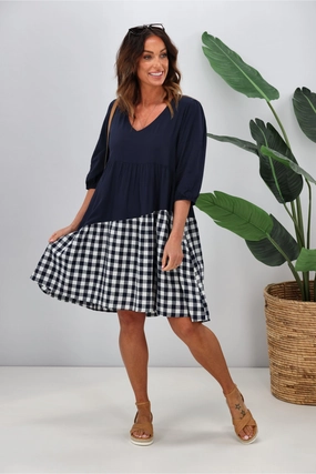 Silver Wishes Gingham Contrast Angle Tiered Dress  Navy