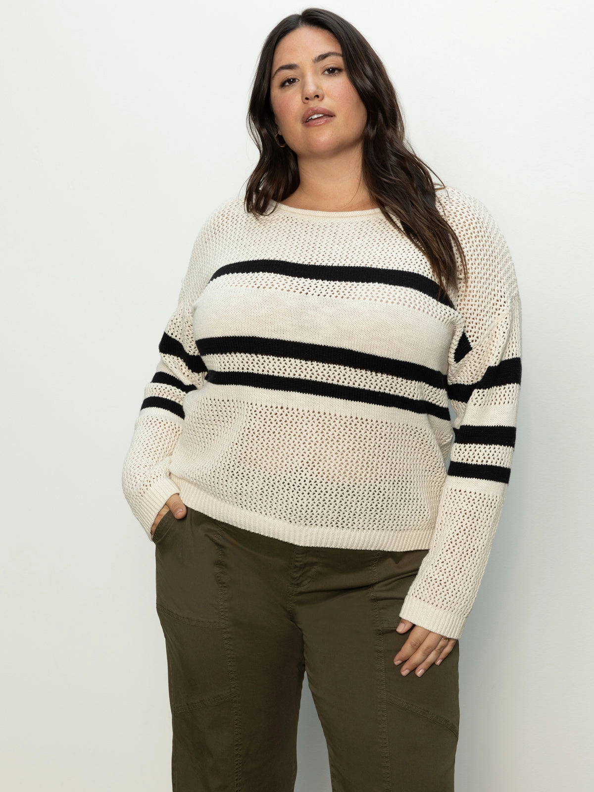 Sporty Stripe Open Knit Sweater Eco Natural / Black Stripe Extended Sizing