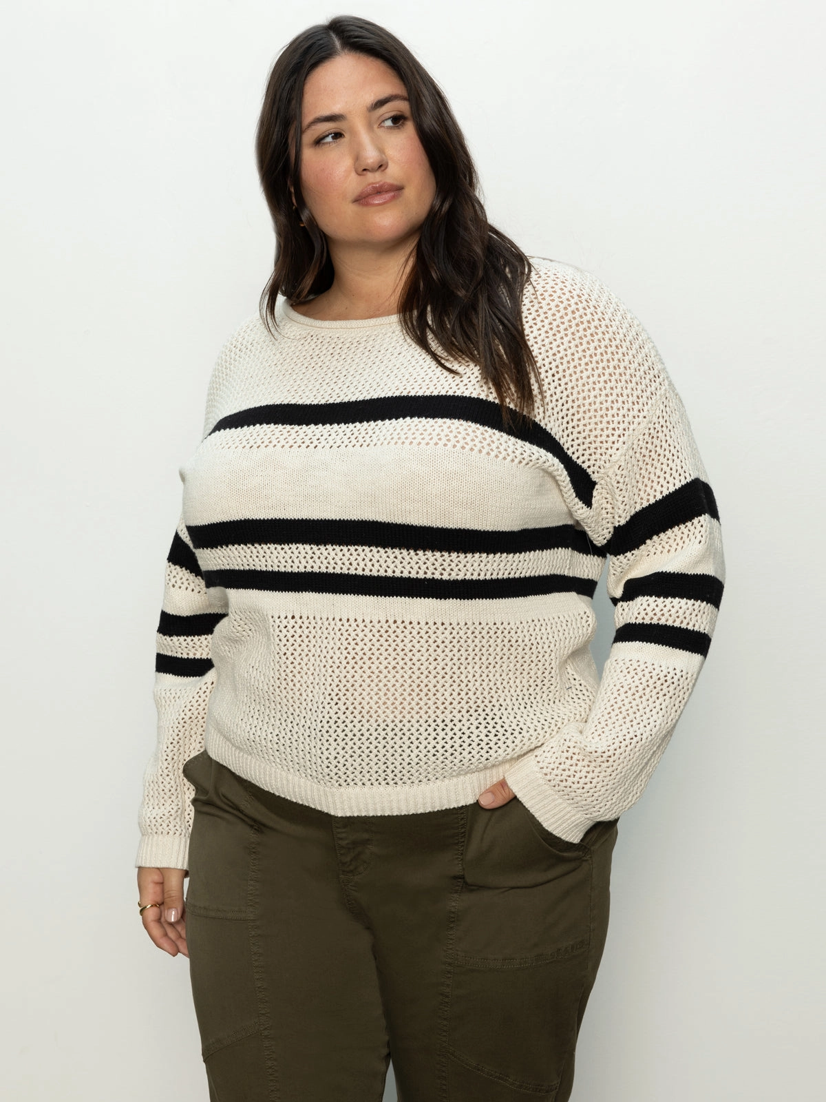 Sporty Stripe Open Knit Sweater Eco Natural / Black Stripe Extended Sizing