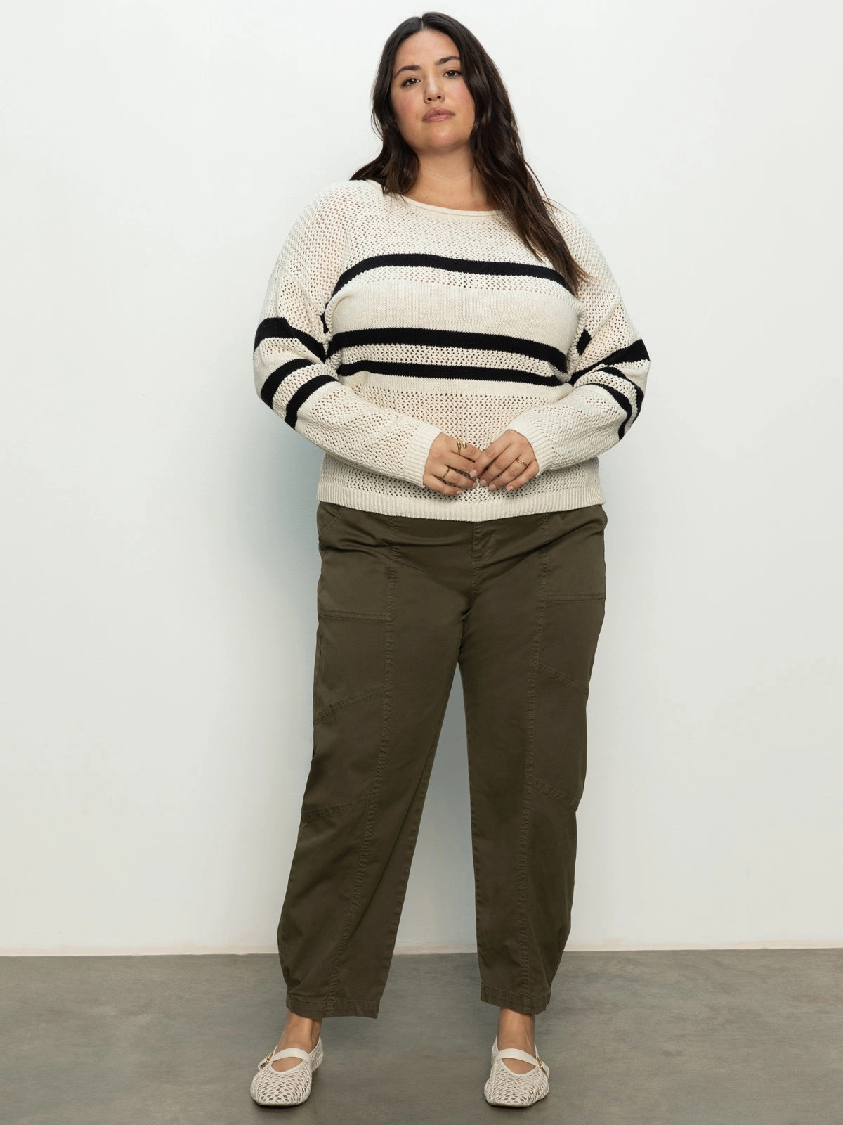 Sporty Stripe Open Knit Sweater Eco Natural / Black Stripe Extended Sizing