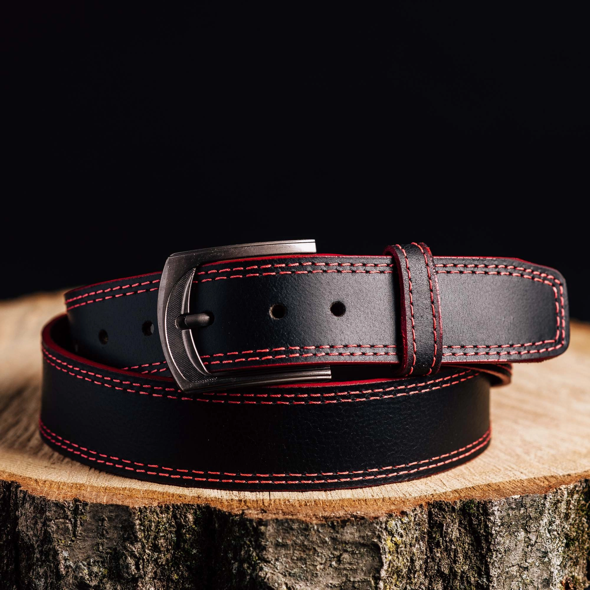 The Poseidon Belt - Black Full Grain Leather Belt with Blue Stitches