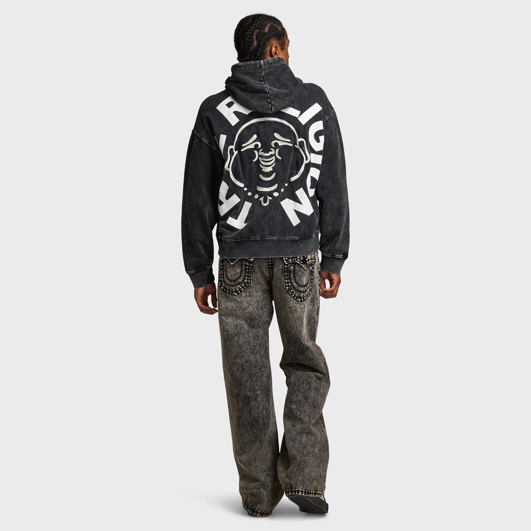 True Religion Mineral Buddha Face Pullover Hoodie / Vintage Mineral Wash